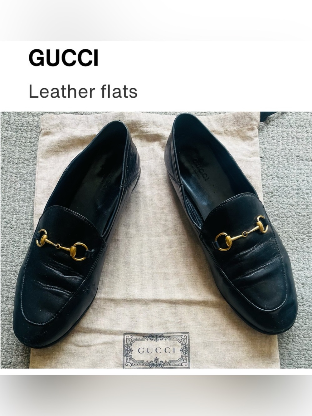 GUCCI Women’s Black Brixton Leather Loafers with Gold Horsebit With Dust Bag.
